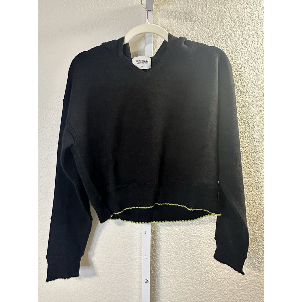 Stitches + Stripes Womens XS Black Cropped Hoodie Sweater Neon Trim NWT - Picture 2 of 7